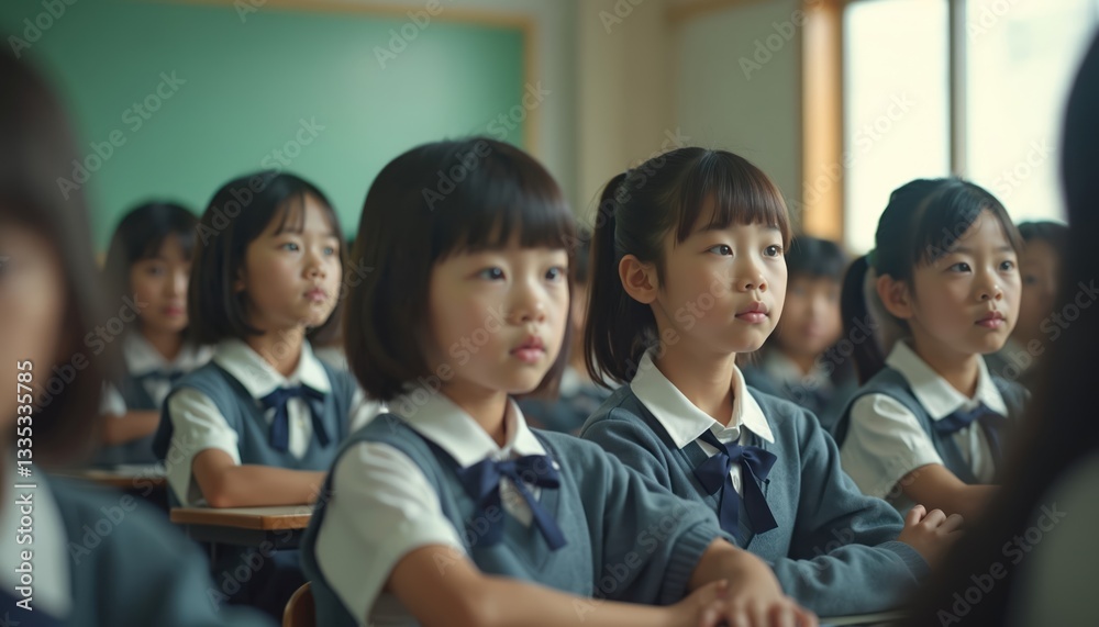 Japanese elementary school students in classroom. Pupils wearing uniform sit at desks. Girls listen lesson attentively. Focus on education, learning. Back to school concept. Japanese elementary school students in classroom. Pupils wearing uniform sit at desks. Girls listen lesson attentively. Focus on education, learning. Back to school concept.