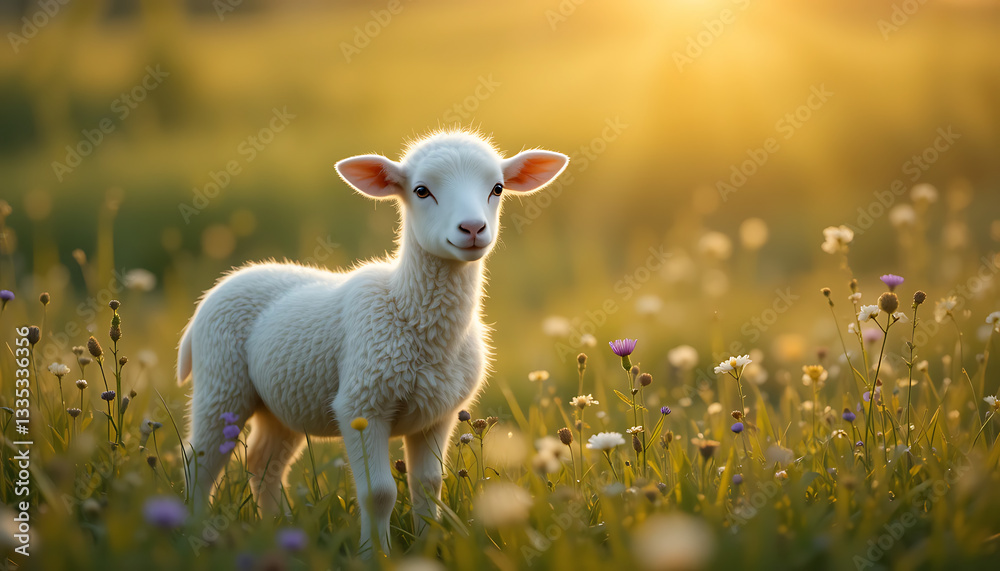Fototapeta premium A gentle white lamb stands in a green meadow, surrounded by wildflowers. The soft golden light of sunrise casts a warm glow, symbolizing innocence, sacrifice, and the resurrection of Jesus.