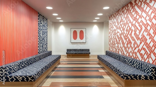 Contemporary foyer in a hotel with modular seating bold patterns on the walls and recessed lighting for a welcoming entrance photo