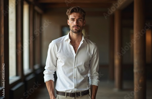 Confident attractive young businessman poses at office. Hot model appearance guy wears white shirt. Macho man shows virile brutal look. Successful pro executive at work.