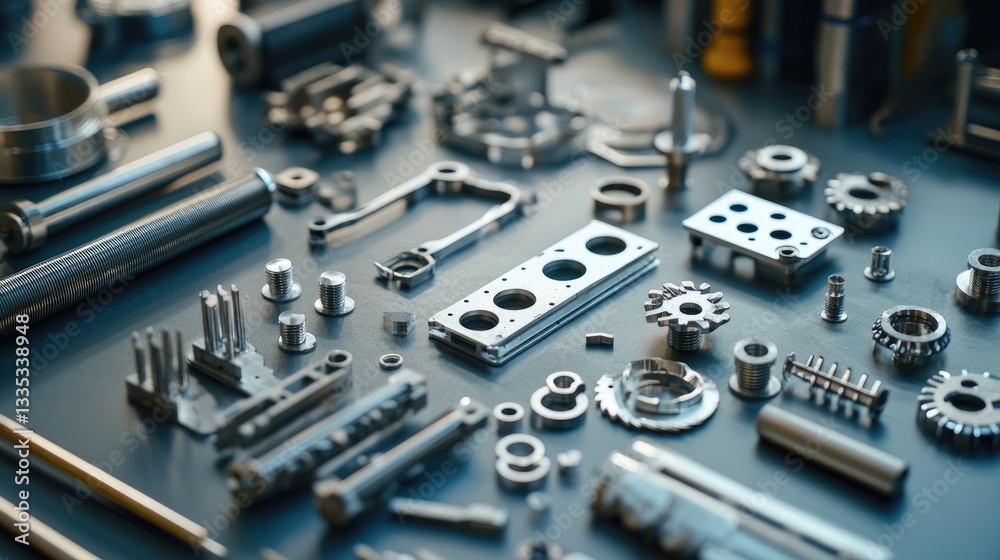 Collection of High-Precision Metal Parts and Engineering Components on Industrial Workbench Surface Collection of High-Precision Metal Parts and Engineering Components on Industrial Workbench Surface