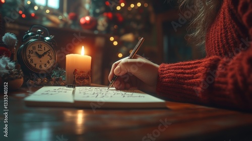 A hand writes a Christmas letter at a wooden table, surrounded by festive decorations. A warm, cozy atmosphere