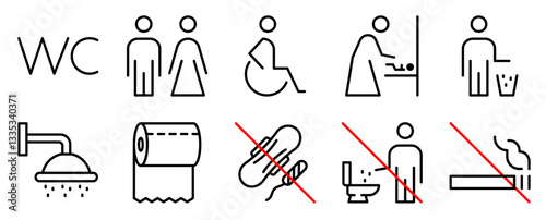 Toilet line icon vector set. WC sign. Baby changing room pictogram. Bathroom signage. No smoking, do not throw trash, sanitary pad, hygiene towel. Editable stroke. Vector 