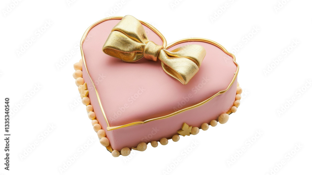 Heart shaped pink cake with gold bow on transparent background Heart shaped pink cake with gold bow on transparent background