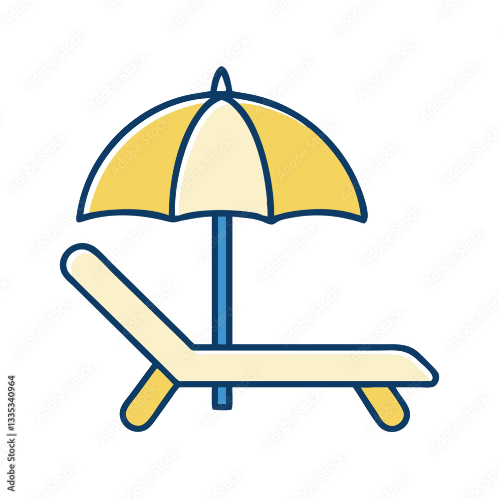 Beach chair and umbrella icon in yellow and blue Beach chair and umbrella icon in yellow and blue