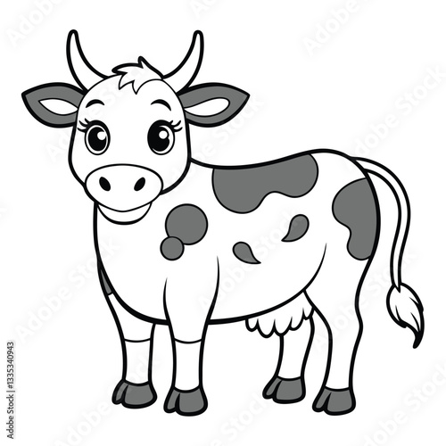 Cute cartoon female cow vector illustration with udders and black spots, ideal for children’s books, farm graphics, coloring pages, and educational designs.