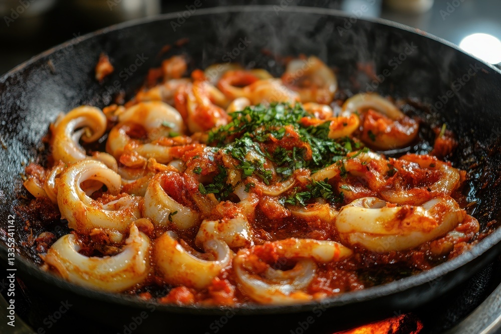 Prepare squid with oil in an iron pan Red sauce squid Indonesian street food Prepare squid with oil in an iron pan Red sauce squid Indonesian street food