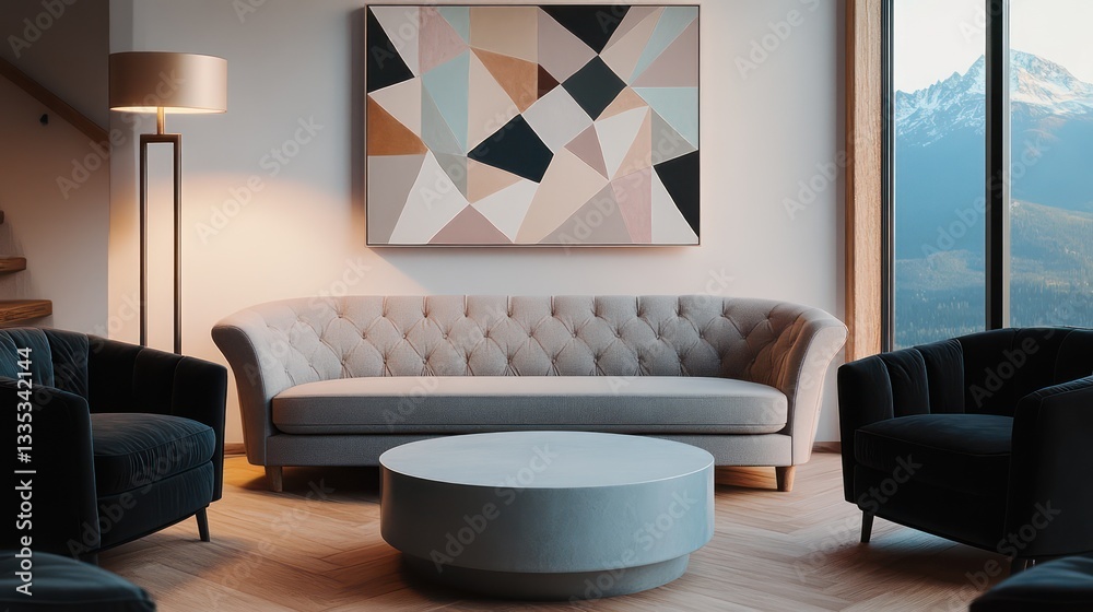 Obraz premium A stylish and serene living room with an abstract painting in geometric shapes and neutral shades above a light gray sofa