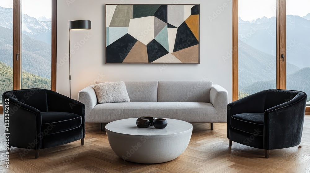 Fototapeta premium A stylish and serene living room with an abstract painting in geometric shapes and neutral shades above a light gray sofa
