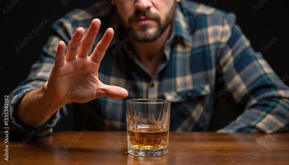 Man in plaid shirt refuses glass of whiskey on wooden table, shows stop hand gesture. Concept giving up alcohol, fighting addiction, alcohol abuse problems, social issues and healthy lifestyle. Man in plaid shirt refuses glass of whiskey on wooden table, shows stop hand gesture. Concept giving up alcohol, fighting addiction, alcohol abuse problems, social issues and healthy lifestyle.