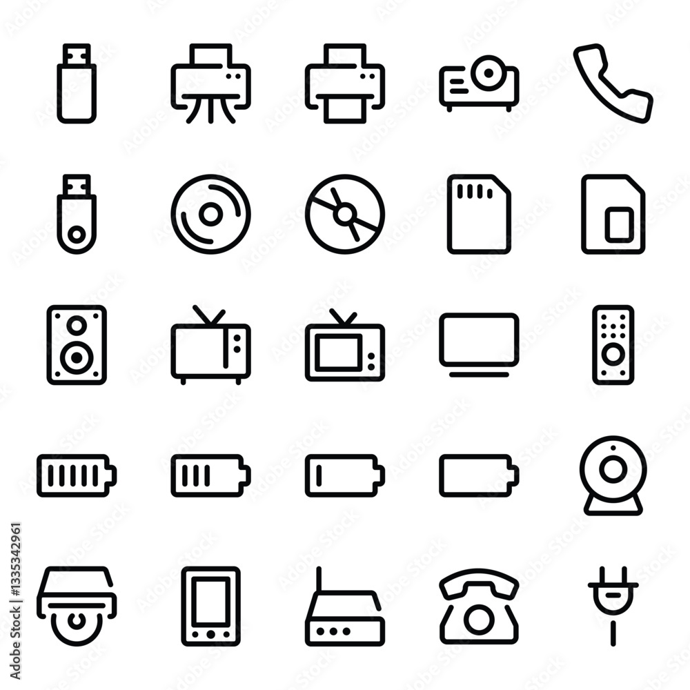 Outline icons set for Devices and hardware. Outline icons set for Devices and hardware.