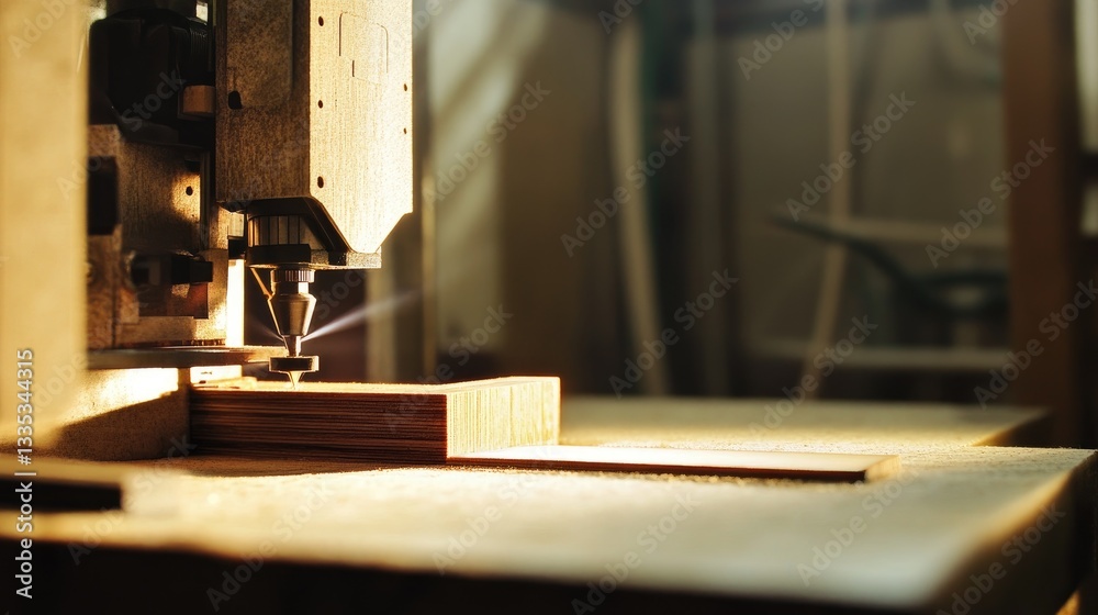 Woodworking Machine Working on Wooden Piece in Workshop Environment with Rays of Sunlight Woodworking Machine Working on Wooden Piece in Workshop Environment with Rays of Sunlight