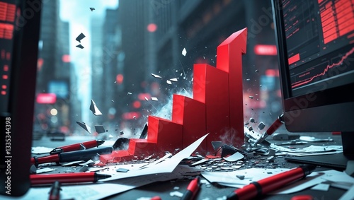  digital illustration depicting a stock market crash, with a prominent red descending bar chart-dominating the center of the frame, plummeting downwards in a sharp created with generative ai