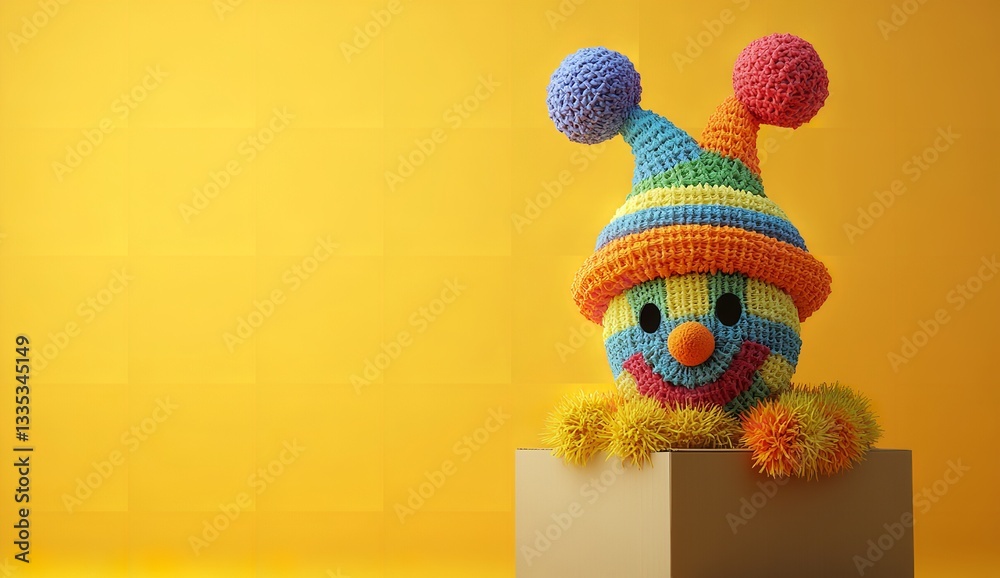 3D Render of a Colorful Jester Hat Popping Out of a Box, Vibrant Yellow Background 3D Render of a Colorful Jester Hat Popping Out of a Box, Vibrant Yellow Background