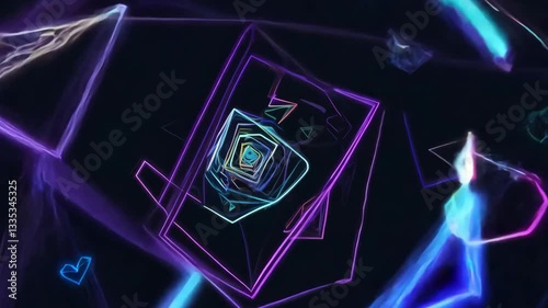 Abstract digital artwork with colorful geometric shapes on black background, featuring circles, squares triangles and stars