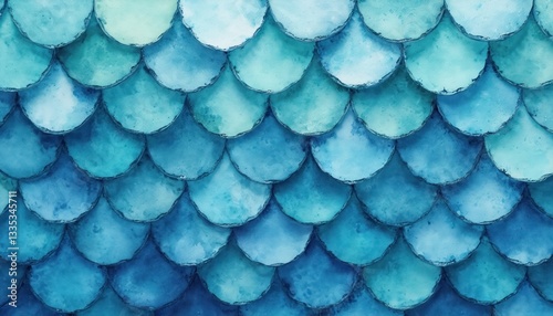 Watercolor fish scales in blue and teal gradient. Seamless pattern evokes aquatic marine nature with vibrant colorful texture, ideal background for artistic mermaid fantasy designs. photo