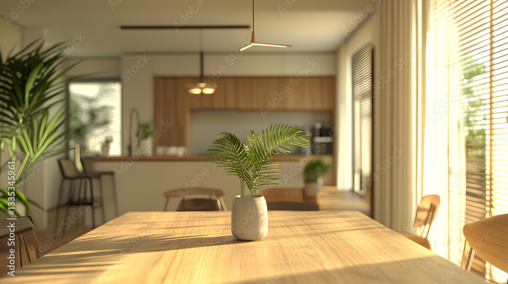 Fototapeta premium Modern dining area featuring wooden accents and warm sunlight.