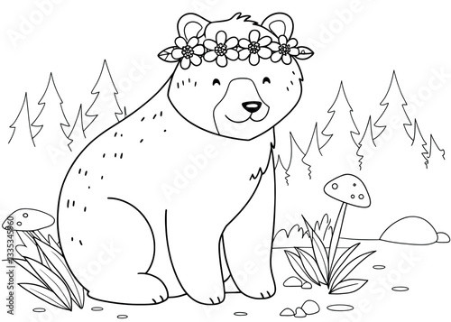 A charming black and white coloring page featuring a bear wearing a flower crown.