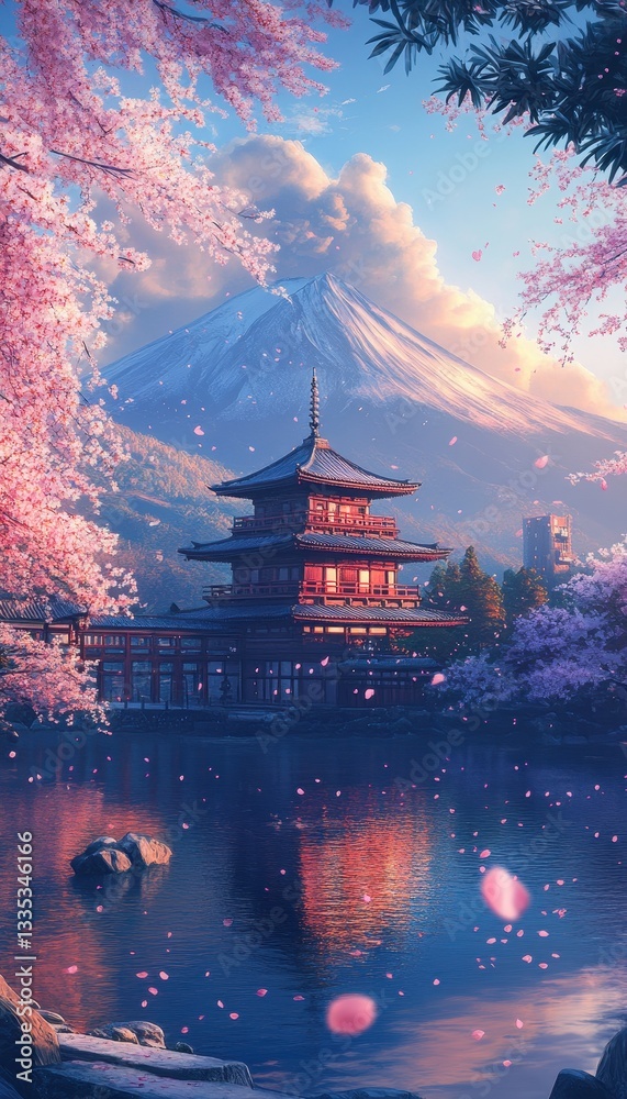 Obraz premium Cherry Blossoms and Japanese Temple with Mount Fuji Reflections in Serene Spring Landscape
