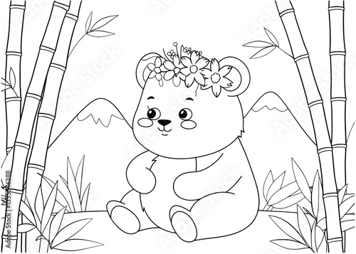 Cute Panda Bear with Flower Crown Coloring Page