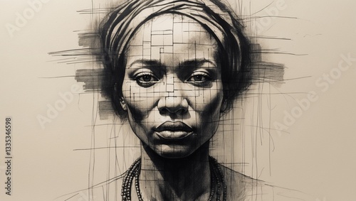 Ethereal pencil sketch of ancestral African women with fragmented faces, blending into a hazy abstraction on textured paper, created with expressive graphite strokes and bold black ink