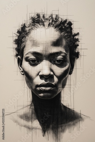 Ethereal pencil sketch of ancestral African women with fragmented faces, blending into a hazy abstraction on textured paper, created with expressive graphite strokes and bold black ink