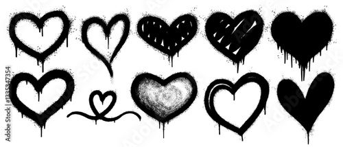 Set of graffiti spray paint heart icon. design elements for banner, flyer, street art, cards, poster, and ads.