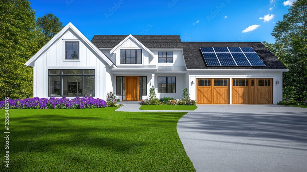 An ultra-realistic photograph of a modern farmhouse with a white exterior, large windows, and a wooden door