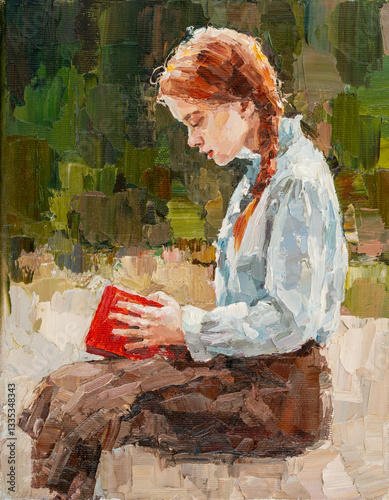  A young girl is reading an interesting red-bound book. Oil painting on canvas.