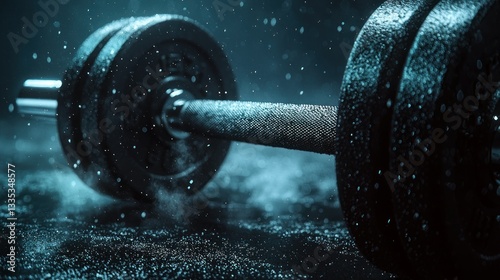Wet barbell resting on dark surface with water droplets