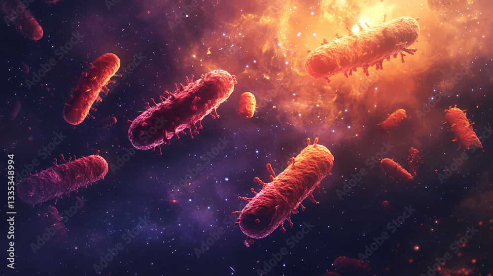 Obraz premium Glowing red bacteria cells floating in a cosmic galaxy. Celestial Spores. Illustration