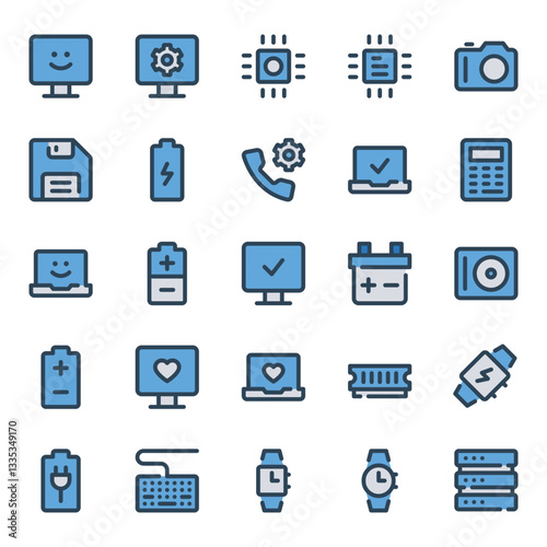 Filled blue outline icons set for Devices and hardware.