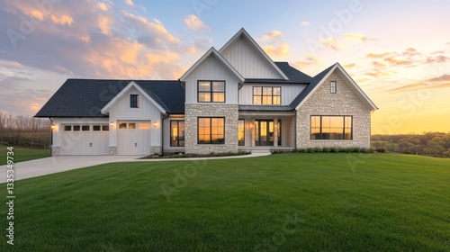 A beautiful modern farmhouse, captured from a distance, with stone accents on the exterior and large windows at the front