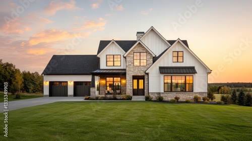 A beautiful modern farmhouse, captured from a distance, with stone accents on the exterior and large windows at the front