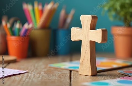 Wooden cross craft on table with colorful pencils, plant. Religious symbol for Christian faith. Jesus Christ crucifixion Easter decoration background for church, God, spirituality themes. School