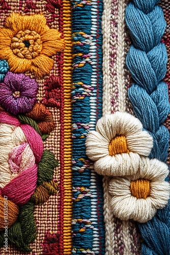 Composite of three different crafting techniques: knitting, weaving, and embroidery, illustrating craft diversity
