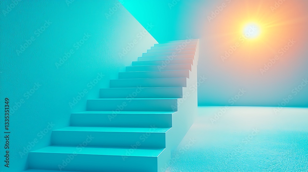 Elevated pathway to success. A bright, modern stairway ascends into a light-filled space, bathed in soft teal and orange hues, creating a sense of optimism and upward momentum Elevated pathway to success. A bright, modern stairway ascends into a light-filled space, bathed in soft teal and orange hues, creating a sense of optimism and upward momentum