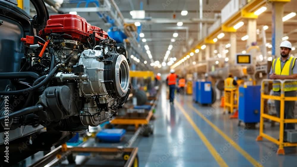 Close-up of an engine in a busy manufacturing facility with workers and machinery in the background Close-up of an engine in a busy manufacturing facility with workers and machinery in the background