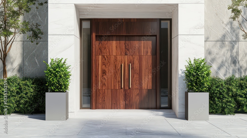 A bold and modern front door made of rich wood, set against a pristine white stone facade
