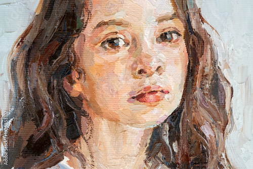 Portrait of a young, dreamy girl with curly brown hair. Palette knife technique of oil painting and brush.