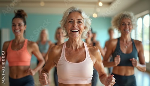 Group mature women enjoying dance fitness class. Happy active aerobics workout, physical exercise, sport activities, health, vitality, energy. Smiling middle aged ladies training, weight loss,