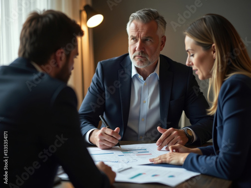 Asesor financiero que asesora a sus clientes sobre mitigación de riesgos, análisis de crisis económicas, prevención de crisis bursátiles, oficina corporativa y tono serio