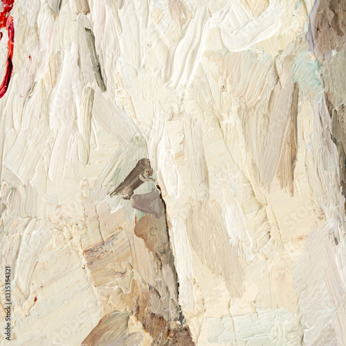 Embossed pasty oil paints and reliefs. Primary colors: ocher, white, pink.  Abstract art.