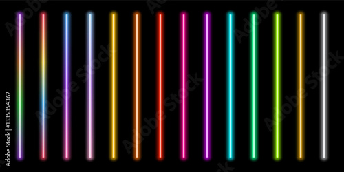 A set of luminous neon lines of rainbow colors. Luminous neon retro lamp tube for the design of the party, web site. Vector Gumming laser rays on a black background