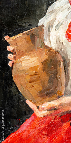 girl holding a clay jug. portrait of a woman on a black background. oil painting on canvas.