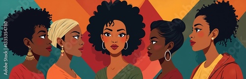 National Black History Month illustration. Diverse dark-skinned women portraits with trendy afro hairstyle, earrings. Geometric background pattern. African racial equality, diversity concept.