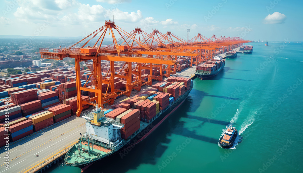 Naklejka premium Aerial view of busy port with massive orange cranes loading containers from cargo ships. Logistic transportation, maritime industry, international shipping import. Commercial freight handling,