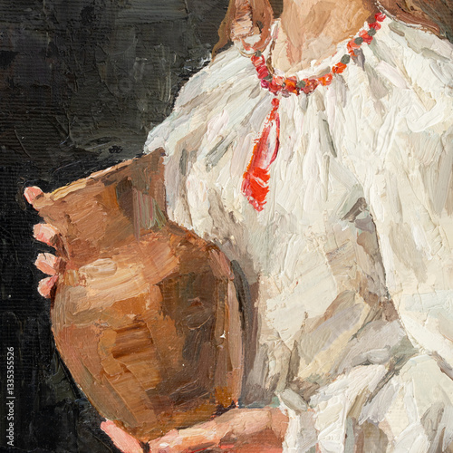 girl holding a clay jug. portrait of a woman on a black background. oil painting on canvas.