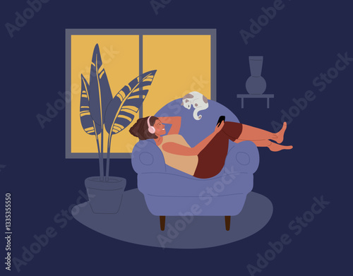 Gadget addiction. Young woman girl lying in armchair, use Her mobile phone in dark room. Female relaxing with smartphone late at night. She stayed up late. Flat cartoon vector illustration isolated.