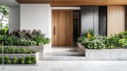 A chic modern house with an oak front door and clean white walls